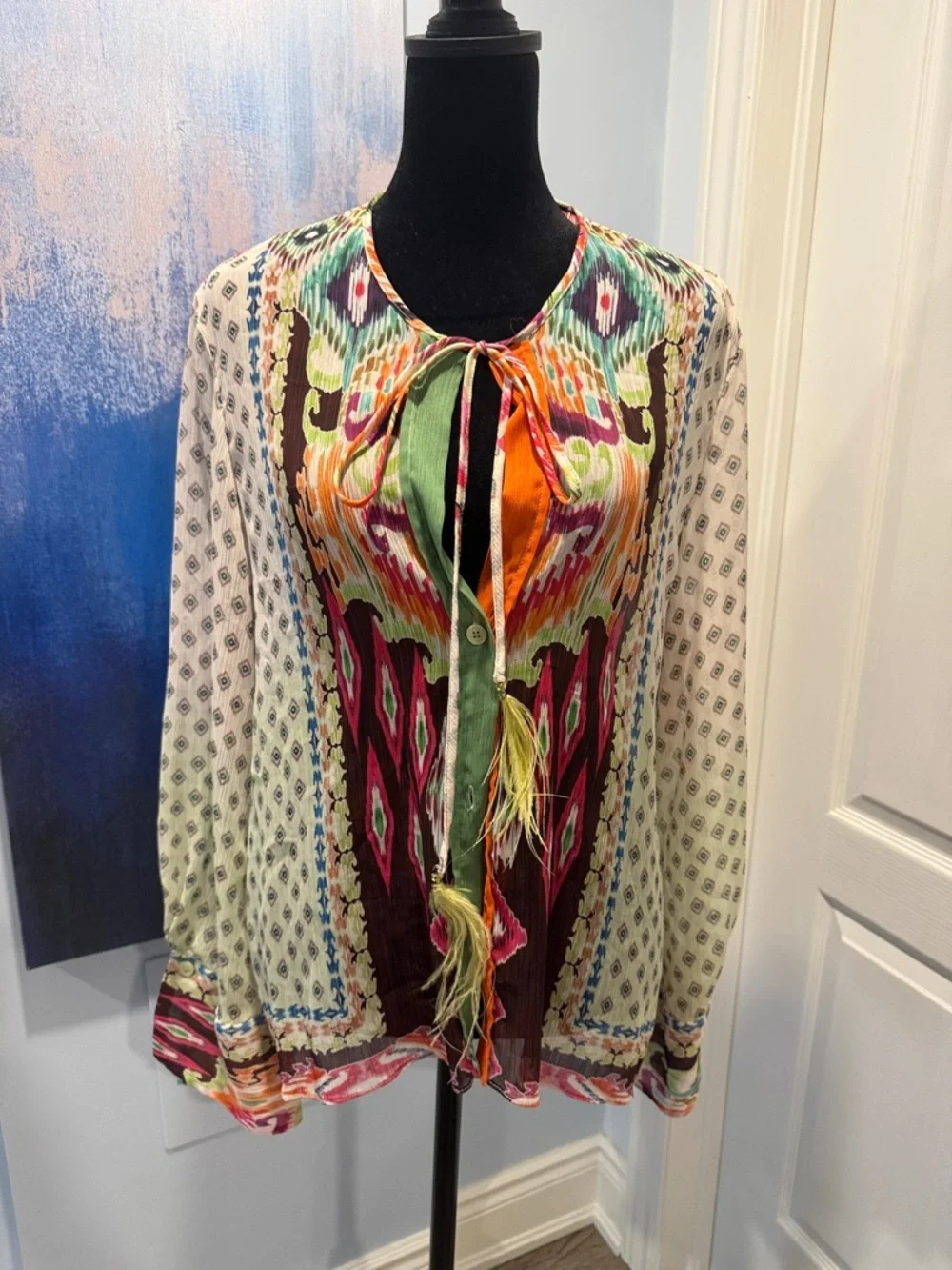 Zara Multicolor Tie-Neck Printed Blouse - Picture 2 of 10